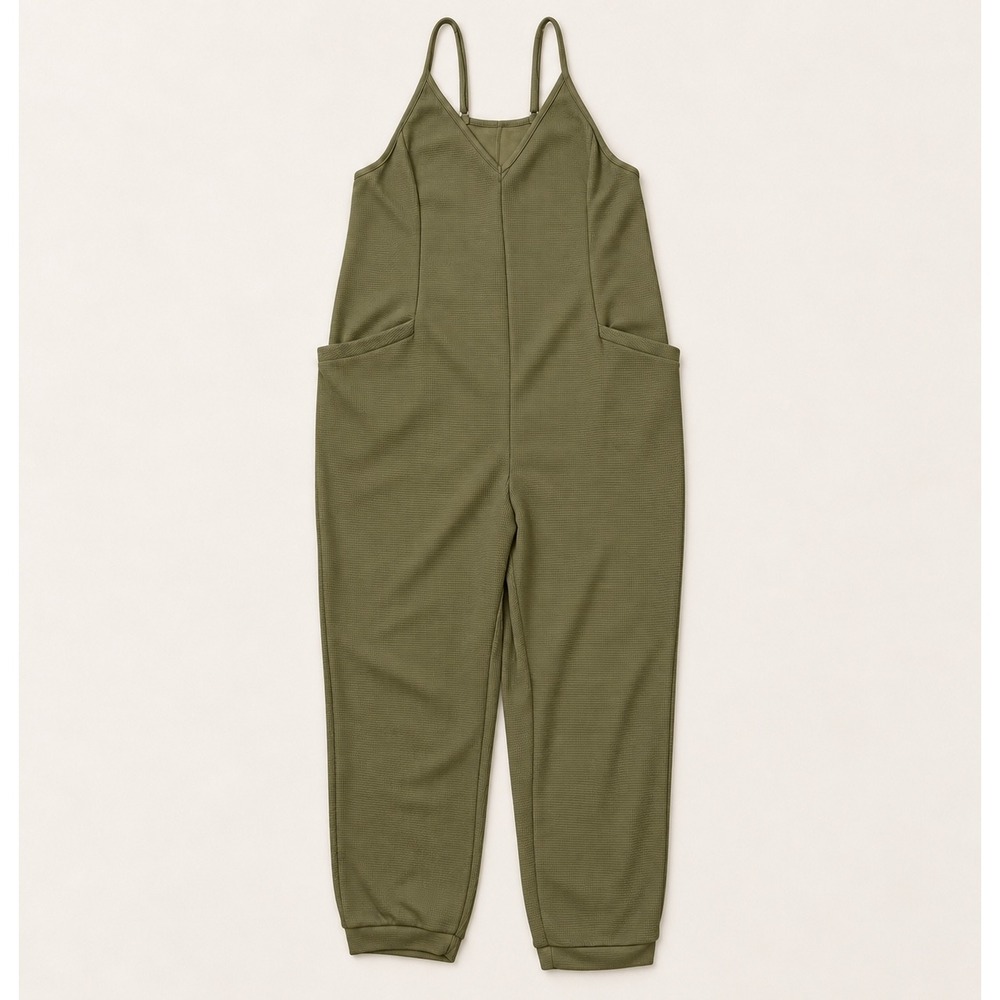 Loose Casual Olive Green Waffle Knit Jumpsuit (M) Overalls Comfy Relaxed Fit